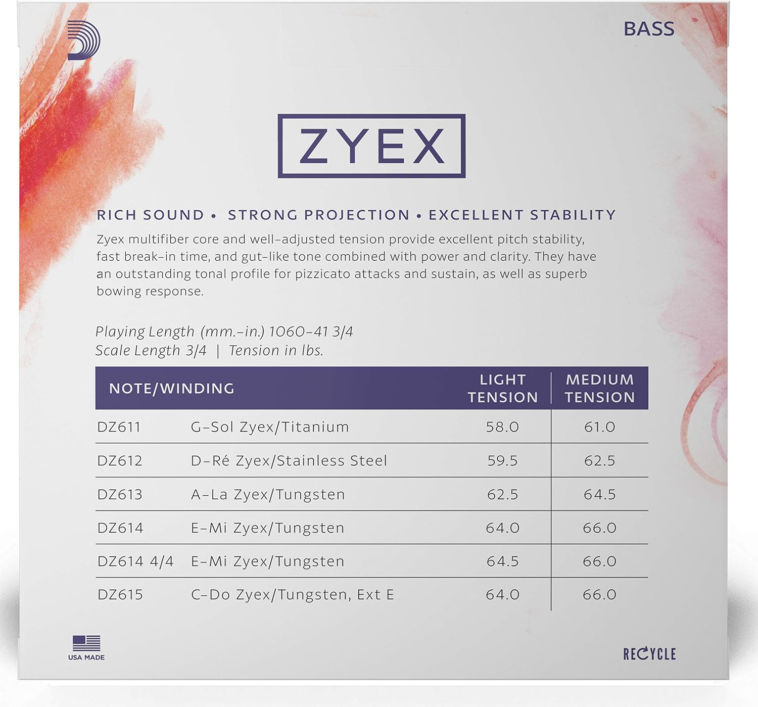 画像: ダダリオ ザイエックス・コントラバス弦3/4GDAEセット D'Addario Zyex 3/4Bass String set